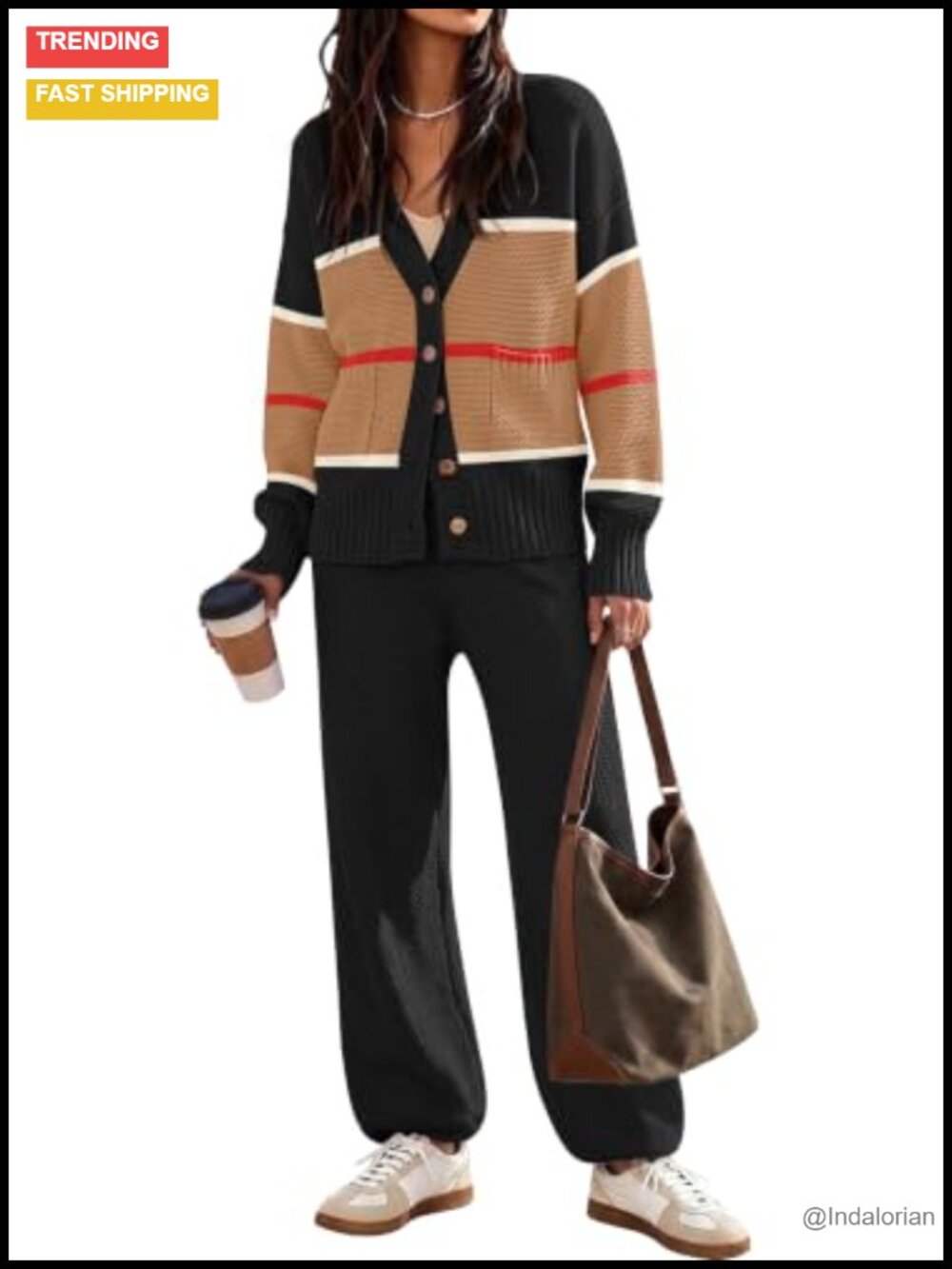 Waffle Knit Cardigan and Pants Lounge Set Oversized Button Down